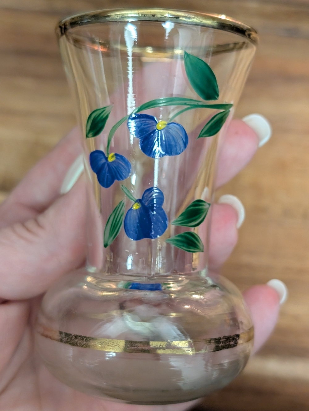 Bartlett hand-painted floral mini bud vases featuring blue violets and gold trim